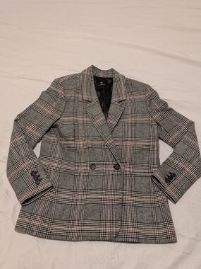 Anine Bing Double-Breasted Gray Plaid Blazer with Pink Windowpane